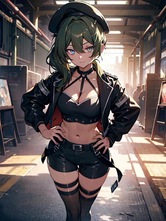 ubel,dark green hair,long hair,side ponytail,hair between eyes,bangs, BREAK (beret, black jacket, open clothes, cleavage, midriff, black shorts, black thighhighs, thigh strap, fingerless gloves, single glove:1.2) BREAK blurry background, BREAK pose, hand on hip, BREAK (masterpiece:1.2), best quality, high resolution, unity 8k wallpaper, (illustration:0.8), (beautiful detailed eyes:1.6), extremely detailed face, perfect lighting, extremely detailed CG, (perfect hands, perfect anatomy),
