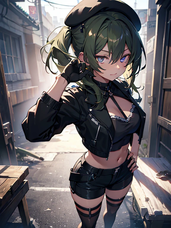 ubel,dark green hair,long hair,side ponytail,hair between eyes,bangs, BREAK (beret, black jacket, , cleavage, midriff, black shorts, black thighhighs, thigh strap, fingerless gloves, single glove:1.2) BREAK blurry background, BREAK pose, hand on hip, BREAK (masterpiece:1.2), best quality, high resolution, unity 8k wallpaper, (illustration:0.8), (beautiful detailed eyes:1.6), extremely detailed face, perfect lighting, extremely detailed CG, (perfect hands, perfect ),
