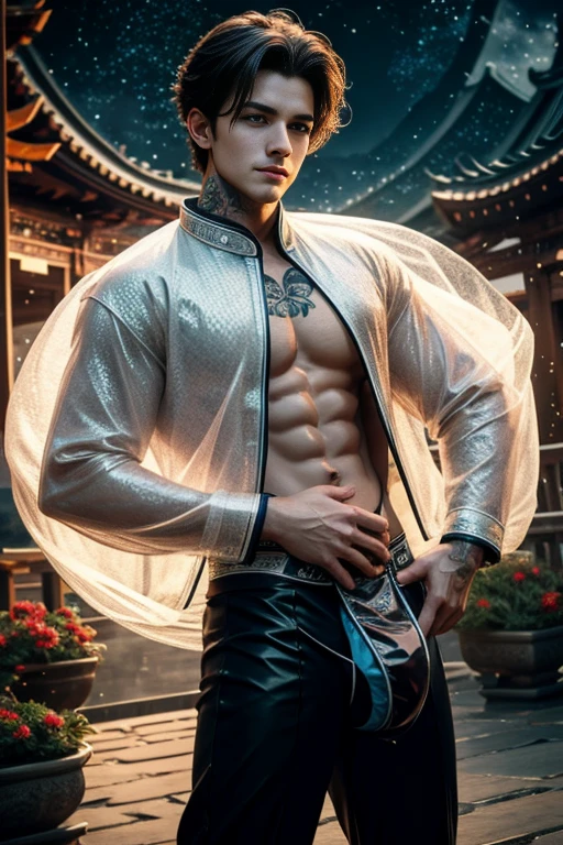 Handsome young man, 25 years old, Asia, Master's work, Best picture quality, higher quality, Highly detailed, Ultra high resolution, 8k resolution, delicate facial features, boy, Big muscles, tattoo, glowing eyes, short hair, hair details, [[Turn away, look to the side, Focus on homosexuality and pay attention to every detail. , Open Hanfu Sheer Gauze Jacket, White rubber pants, nighttime, starry sky, flying flowers. waterfall, mountain, dragon circle, Chinese patio background (((((Long, large convex crotch))))),Raise both arms.