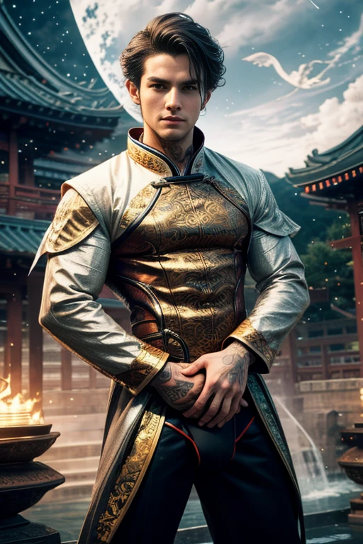 Handsome young man, 25 years old, Asia, Master&#39;s work, Best picture quality, higher quality, Highly detailed, Ultra high resolution, 8k resolution, delicate facial features, boy, Big muscles, tattoo, glowing eyes, short hair, hair details, [[Turn away, look to the side, Focus on homosexuality and pay attention to every detail. , Open Hanfu Sheer Gauze Jacket, White rubber pants, nighttime, starry sky, flying flowers. waterfall, mountain, dragon circle, Chinese patio background (((((Long, large convex crotch))))),Raise both arms.