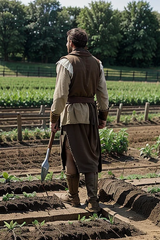 a medieval man cultivating his farm