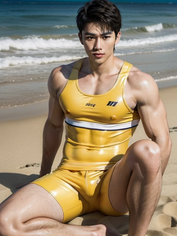 Japanese man , lifesaver , latex swimwear , latex tanktop ,  Even the legs are reflected , whole body , yellow cap , beach , light brown hair , vivid ,  realistic asian handsome face, natural muscles , beardless face, masterpiece, A high resolution, hyperrealism, detailed face, solo, a men, glowing skin, (Asian), (young,  , student some, detailed background, Handsome