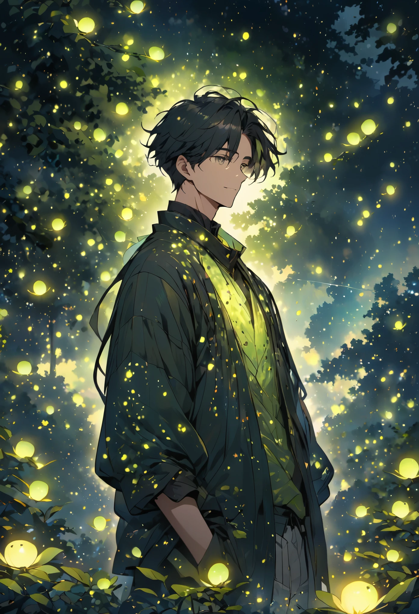 a man made of fireflies, surrounded by fireflies.