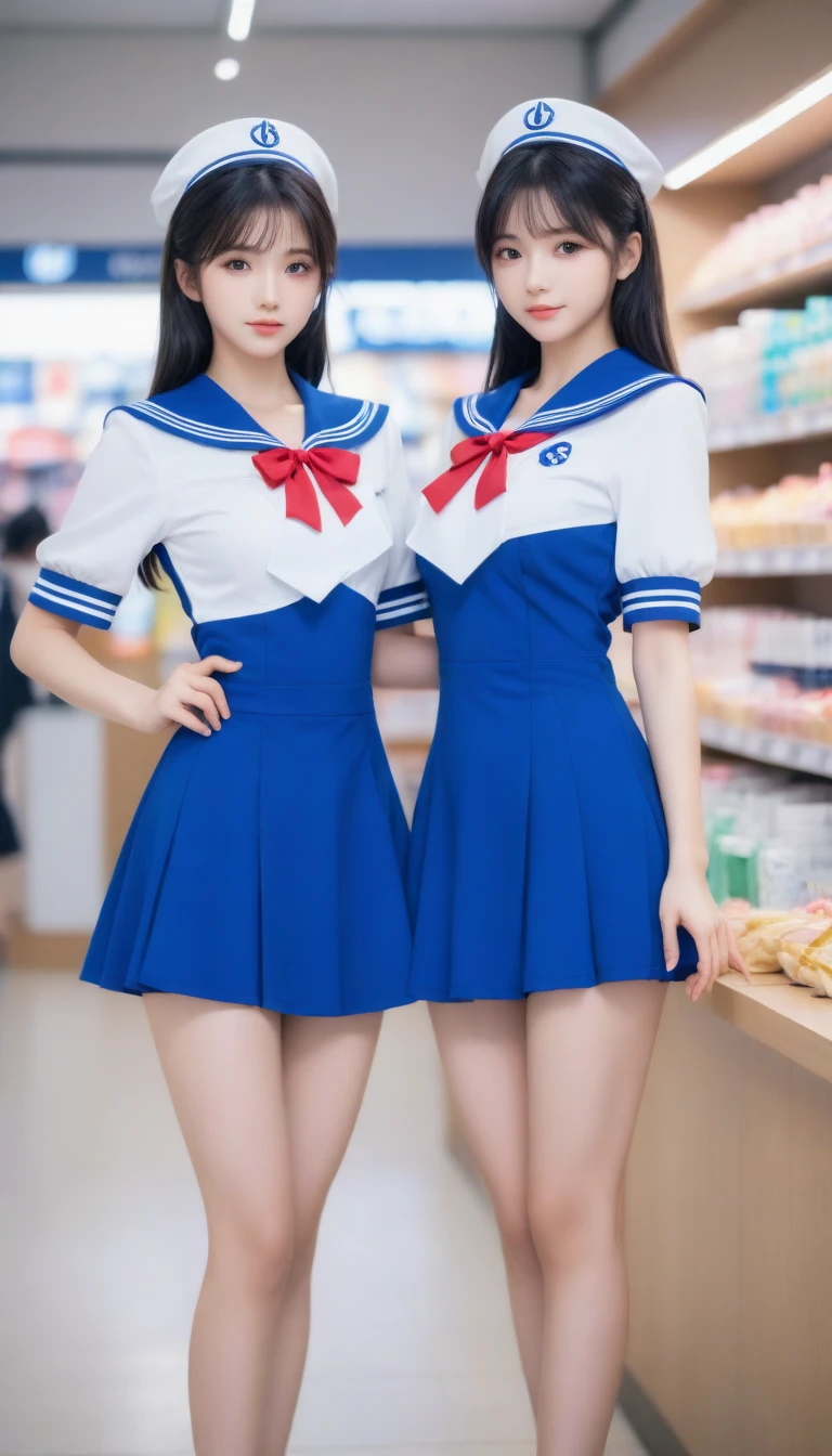 two women in sailor costumes posing for a picture in a store, two beautiful anime girls, trending on cgstation, wlop and sakimichan, realistic anime 3 d style, trending at cgstation, nixeu and sakimichan, anime styled 3d, kda and sam yang, beautiful sci - fi twins, anime style. 8k