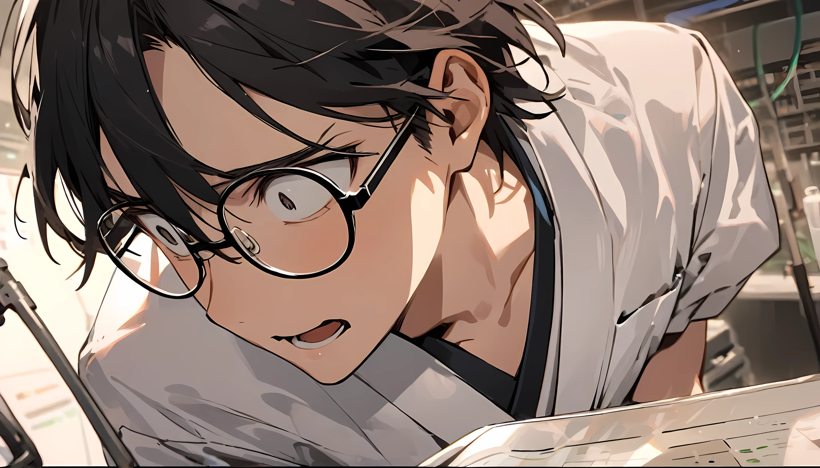 Close view of A young ager japanese man, working inside the laboratory,, confused facial expression, wearing spectacles, wearing laboratory dress