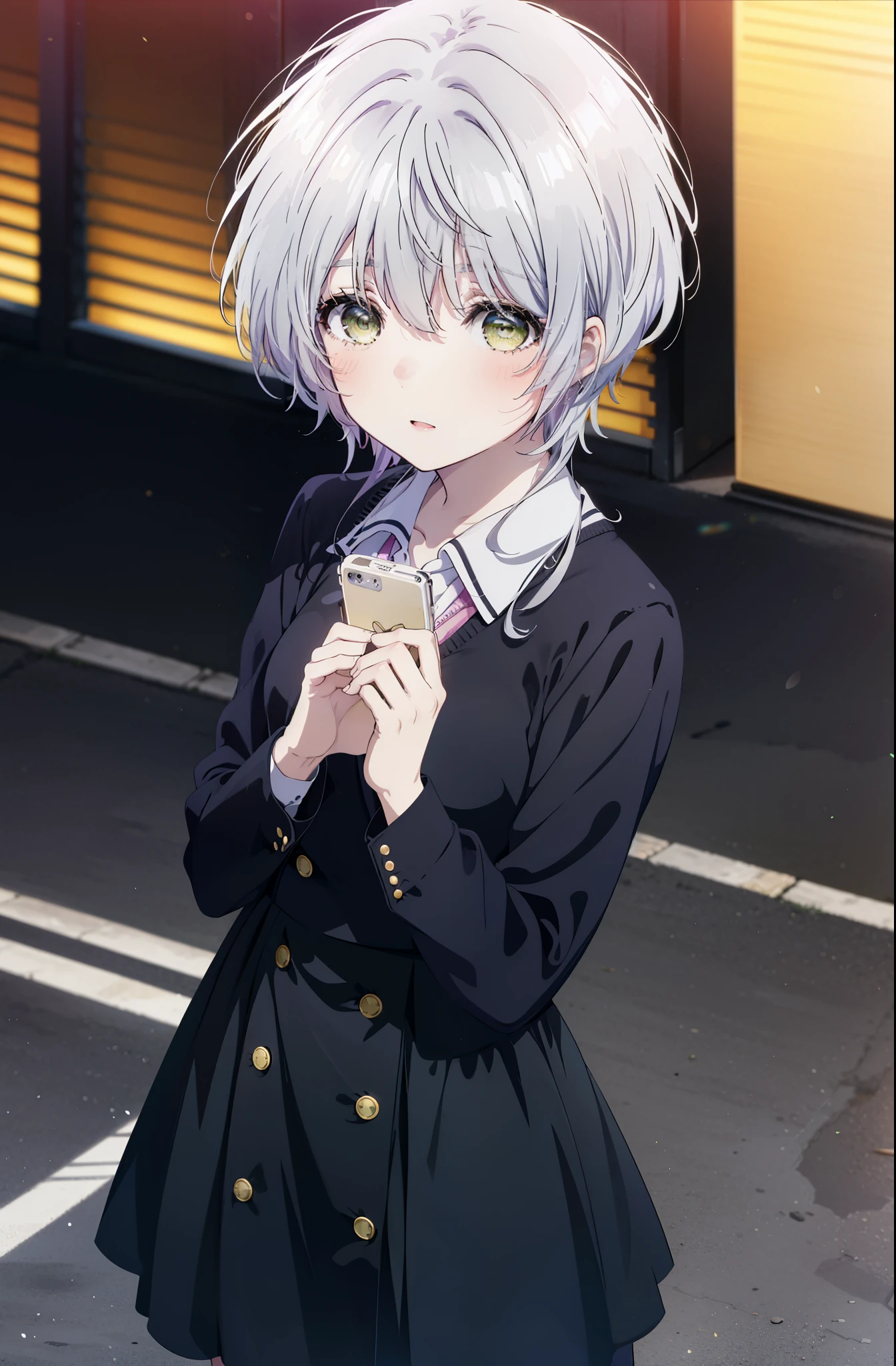 fuukakikuchi, fuuka kikuchi, short hair, bangs, hair between eyes, (green eyes:1.3), gray hair,smile,blush,
black suit jacket, collared jacket, white dress shirt, collared shirt, neckline, button, black pencil skirt, black pantyhose, stiletto heels, (Medium chest:1.2),morning,morning日,the sun is rising,Business Back,walking,
break outdoors, city,building street,
break looking at viewer,whole body, (cowboy shot:1. 5)
break (masterpiece:1.2), highest quality, High resolution, unity 8k wallpaper, (shape:0.8), (fine and beautiful eyes:1.6), highly detailed face, perfect lighting, Very detailed CG, (perfect hands, perfect anatomy),