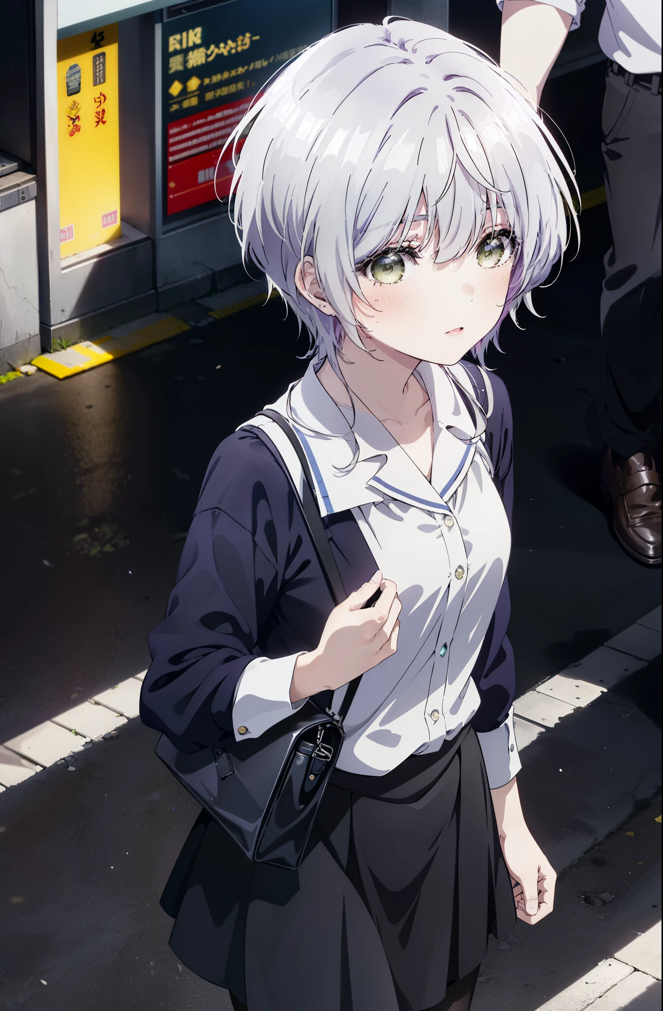 fuukakikuchi, fuuka kikuchi, short hair, bangs, hair between eyes, (green eyes:1.3), gray hair,smile,blush,
black suit jacket, collared jacket, white dress shirt, collared shirt, neckline, button, black pencil skirt, black pantyhose, stiletto heels, (Medium chest:1.2),morning,morning日,the sun is rising,Business Back,walking,
break outdoors, city,building street,
break looking at viewer,whole body, (cowboy shot:1. 5)
break (masterpiece:1.2), highest quality, High resolution, unity 8k wallpaper, (shape:0.8), (fine and beautiful eyes:1.6), highly detailed face, perfect lighting, Very detailed CG, (perfect hands, perfect anatomy),