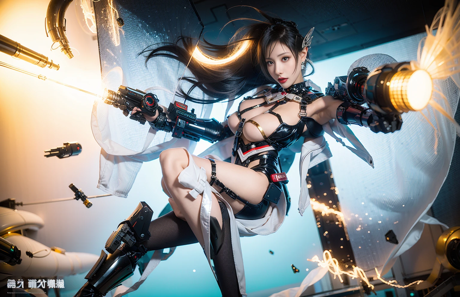 masterpiece, (best quality), (Super detailed), (surreal:1.2), landscape, science fiction, transistorpunk, cyberpunk, biopunk, (grey, white), female giant robot, earrings, mechanical weapons and equipment on the back, science fiction未來背景, dynamic poses, Dynamic angle, beautiful breasts, elegant, (gold, silver, pink gradient), Mechanical armor