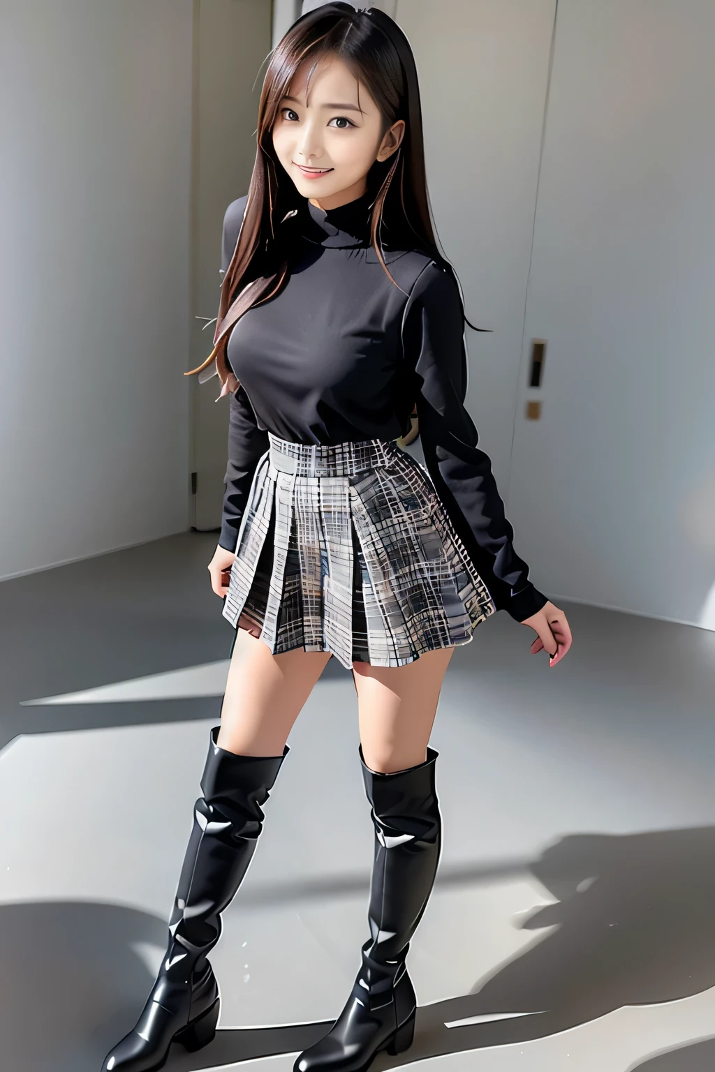 Arafe woman posing for a photograph wearing a black top, skirt and boots, long black hair, straight black hair, knee high boots, Detailed plaid miniskirt, knee high boots, korean female fashion model, over the knee boots, casual clothing style, cute style, stockings and skirt, casual modern clothing, full shot fashion photography, beautiful short skirt, fashion clothes, high resolution, High quality photos, look at viewer