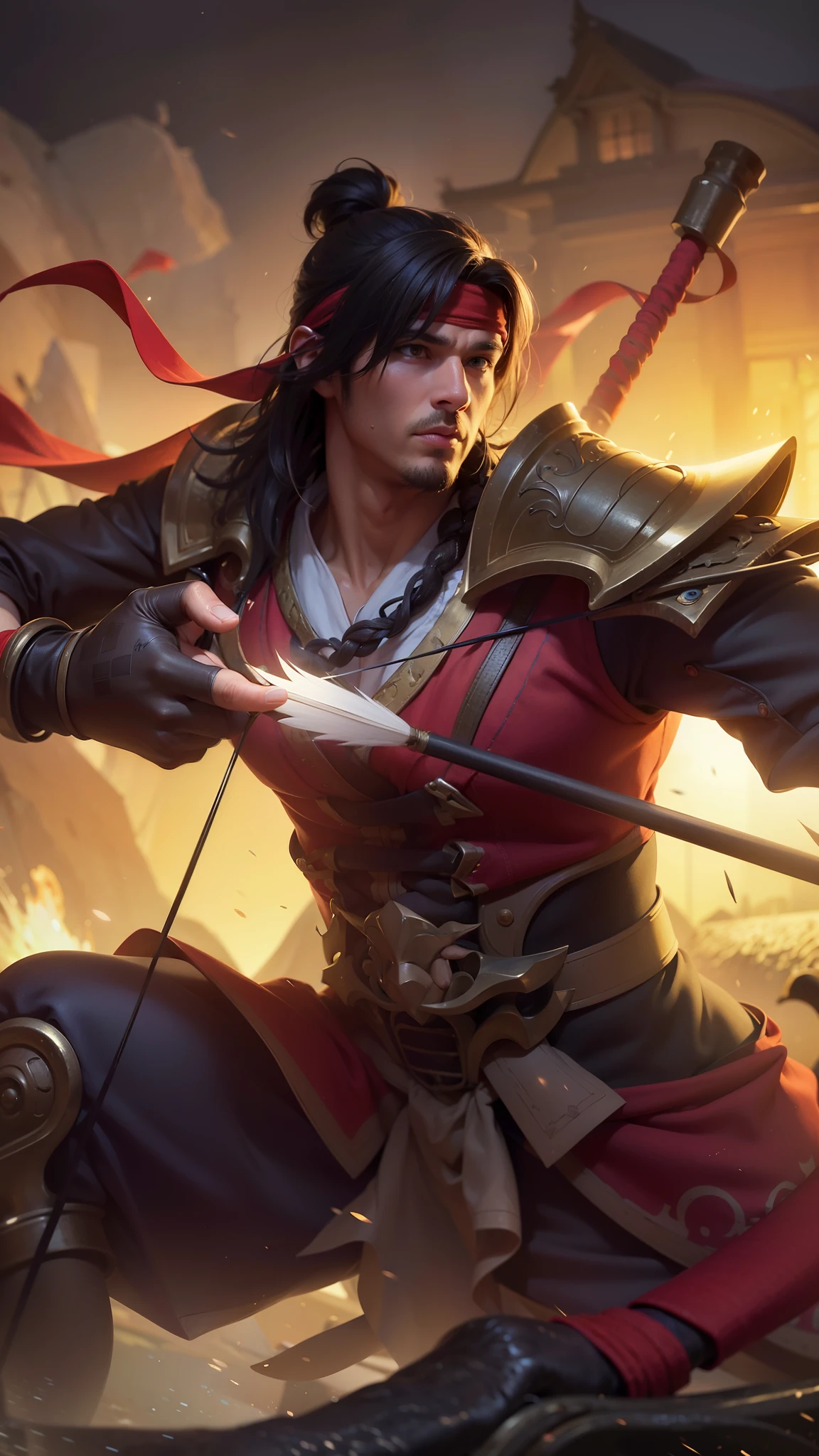 man with a bow and hand holding arrows, 8k, ultra hd, ultra detailed texture, hyper realistic, masterpiece, detailed texture, detailed face, detailed skin, detailed lighting, (photorealistic:1.5), best quality, beautiful lighting, cinematic lighting, professional lighting, ultra highres, realistic, detailed hair, real hair, high quality, (realskin:1.5), extremely detailed, finely detail, ultra-detailed, red bandana.