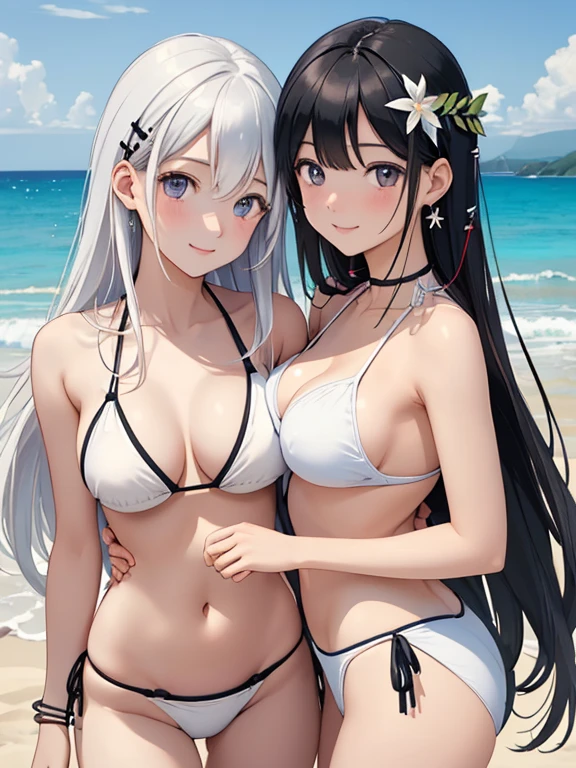 (best quality,masterpiece,Realistic:1.4)、(2girls、love each other yuri,hug),(happy smile:1.3),(cute face:1.5),(tareme:1.3),(black hair white hair:1.3),(blue eyes,red eyes)、(kind eyes:1.3)、(stand),(short hair,long hair),(face focus:1.3,cowboy shot),(white black bikini:1.3)、(small breasts,large breasts),(midsummer beach:1.3)、(hairpin:1.5),