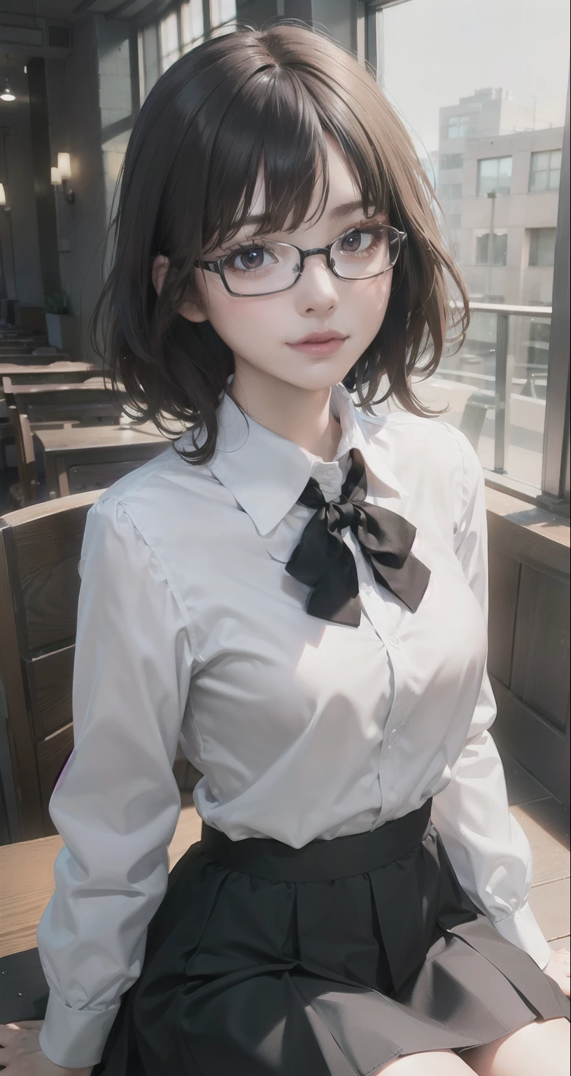 { masterpiece : best quality : detailed face : high resolution : detailed lips : unity 8k wallpaper : 3d realistic illustration } { Background = Library } { r : dark brown Short smart hair : : perfect slender body : perfectly small shape breast : glasses : : white collar shirt : school black skirt : sitting : studying}