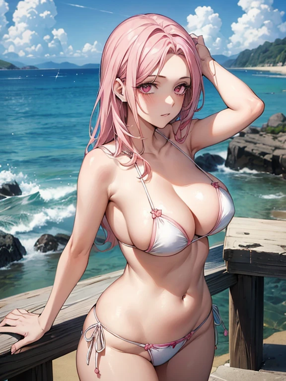 Masterpiece, highest quality, beautiful background, (sea,sky), gravure idol, sexy pose, string bikini, pink hair, pink eyes, the most beautiful woman in the world, the best style, sparkling eyes, detailed eyes, beautiful face,