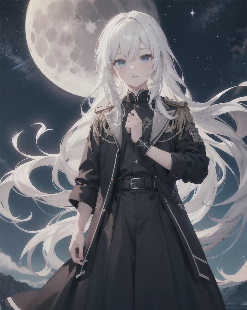 young boy,man,long hair,white hair,blue eyes,Standing in the night sky when the moon is full and the stars fill the sky.,4k lifelike,charming,very detailed,thin,