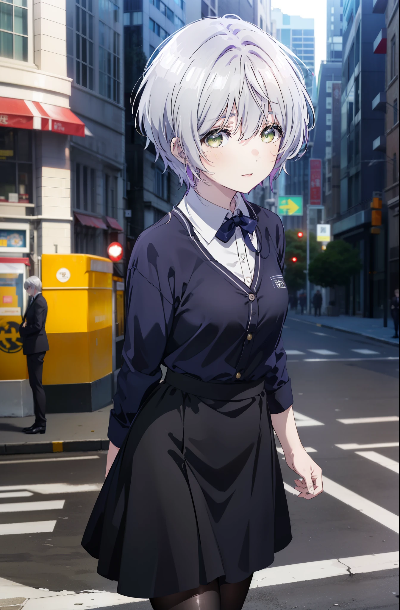 fuukakikuchi, fuuka kikuchi, short hair, bangs, hair between eyes, (green eyes:1.3), gray hair,smile,blush,
black suit jacket, collared jacket, white dress shirt, collared shirt, neckline, button, black pencil skirt, black pantyhose, stiletto heels, (Medium chest:1.2),morning,morning日,the sun is rising,Business Back,walking,
break outdoors, city,building street,
break looking at viewer,whole body, (cowboy shot:1. 5)
break (masterpiece:1.2), highest quality, High resolution, unity 8k wallpaper, (shape:0.8), (fine and beautiful eyes:1.6), highly detailed face, perfect lighting, Very detailed CG, (perfect hands, perfect anatomy),