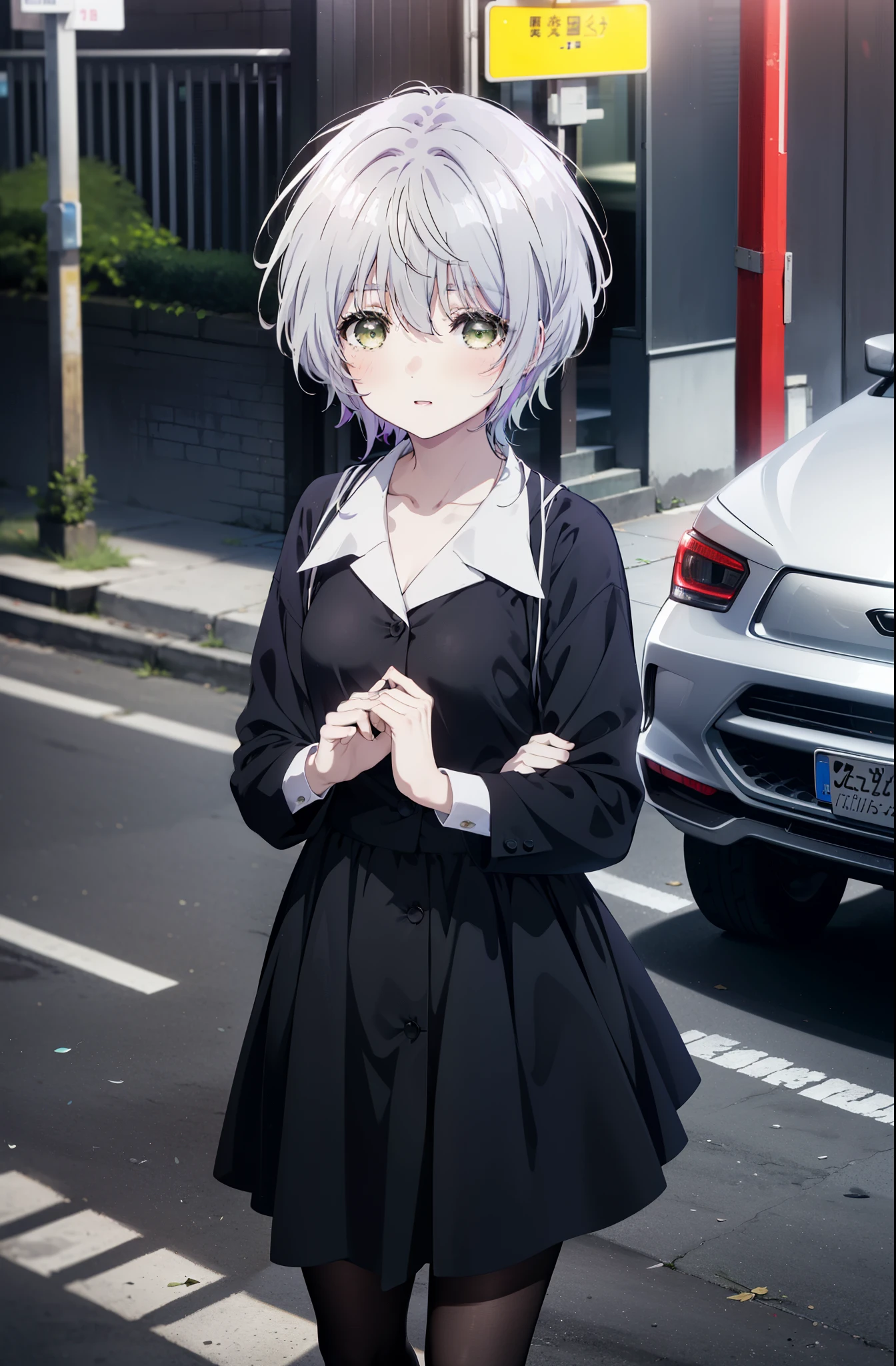 fuukakikuchi, fuuka kikuchi, short hair, bangs, hair between eyes, (green eyes:1.3), gray hair,smile,blush,
black suit jacket, collared jacket, white dress shirt, collared shirt, neckline, button, black pencil skirt, black pantyhose, stiletto heels, (Medium chest:1.2),morning,morning日,the sun is rising,Business Back,walking,
break outdoors, city,building street,
break looking at viewer,whole body, (cowboy shot:1. 5)
break (masterpiece:1.2), highest quality, High resolution, unity 8k wallpaper, (shape:0.8), (fine and beautiful eyes:1.6), highly detailed face, perfect lighting, Very detailed CG, (perfect hands, perfect anatomy),