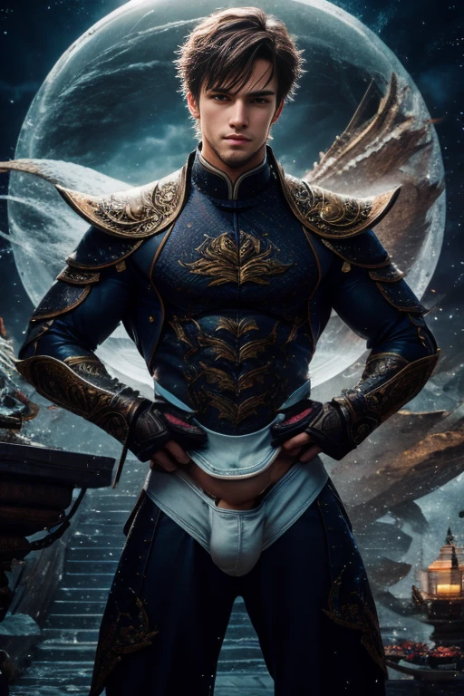 Handsome young man, 25 years old, Asia, Master's work, Best picture quality, higher quality, Highly detailed, Ultra high resolution, 8k resolution, delicate facial features, boy, Big muscles, tattoo, glowing eyes, short hair, hair details, [[Turn away, look to the side, Focus on homosexuality and pay attention to every detail. , Open Hanfu Sheer Gauze Jacket, White rubber pants, nighttime, starry sky, flying flowers. waterfall, mountain, dragon circle, Chinese patio background (((((Long, large convex crotch))))),Raise both arms.