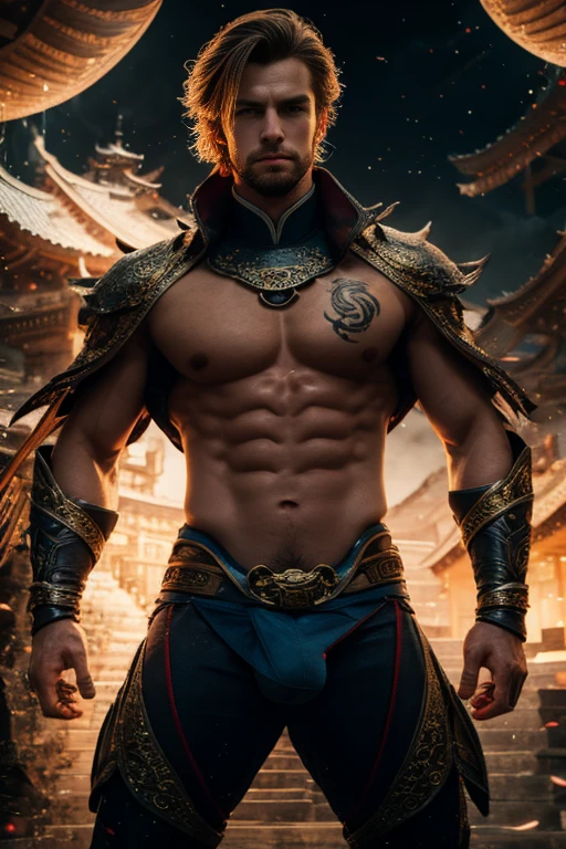 Handsome young man, 25 years old, Asia, Master's work, Best picture quality, higher quality, Highly detailed, Ultra high resolution, 8k resolution, delicate facial features, boy, Big muscles, tattoo, glowing eyes, short hair, hair details, [[Turn away, look to the side, Focus on homosexuality and pay attention to every detail. , Open Hanfu Sheer Gauze Jacket, White rubber pants, nighttime, starry sky, flying flowers. waterfall, mountain, dragon circle, Chinese patio background (((((Long, large convex crotch))))),Raise both arms.
