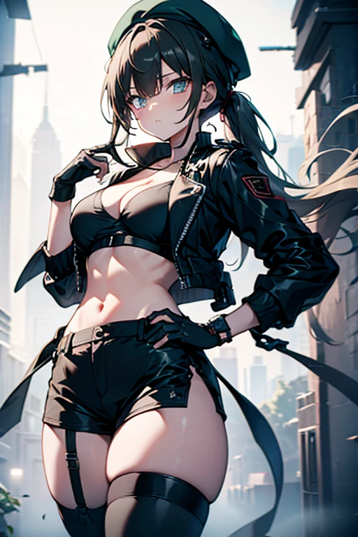 ubel,dark green hair,long hair,side ponytail,hair between eyes,bangs, BREAK (beret, black jacket, open clothes, cleavage, midriff, black shorts, black thighhighs, thigh strap, fingerless gloves, single glove:1.2) BREAK blurry background, BREAK pose, hand on hip, BREAK (masterpiece:1.2), best quality, high resolution, unity 8k wallpaper, (illustration:0.8), (beautiful detailed eyes:1.6), extremely detailed face, perfect lighting, extremely detailed CG, (perfect hands, perfect anatomy),
