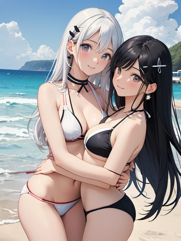(best quality,masterpiece,Realistic:1.4)、(2girls、love each other yuri,hug),(happy smile:1.3),(cute face:1.5),(tareme:1.3),(black hair white hair:1.3),(blue eyes,red eyes)、(kind eyes:1.tand),(short hair,long hair),(face focus:1.3,cowboy shot),(white black bikini:1.3)、(sbreasts,laasts),(midsummh:1.3)、(hairpin:1.5),