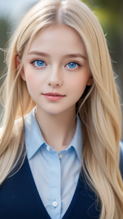 one female , super long hair, Beautiful and cute 14 year old beautiful girl、bangs on a beautiful face、very beautiful face、bright look、beautiful blue eyes, Bright and dazzling platinum blonde、long straight hair、eyebrows behind bangs、school uniform、、textured white skin, high details, best quality, 4k high resolution、Glossy skin、Big, bright light blue eyes that shine so beautifully、very big eyes、