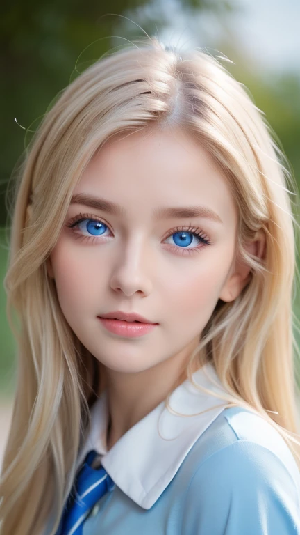 one female , super long hair, Beautiful and cute 14 year old beautiful girl、bangs on a beautiful face、very beautiful face、bright look、beautiful blue eyes, Bright and dazzling platinum blonde、long straight hair、eyebrows behind bangs、school uniform、、textured white skin, high details, best quality, 4k high resolution、Glossy skin、Big, bright light blue eyes that shine so beautifully、very big eyes、