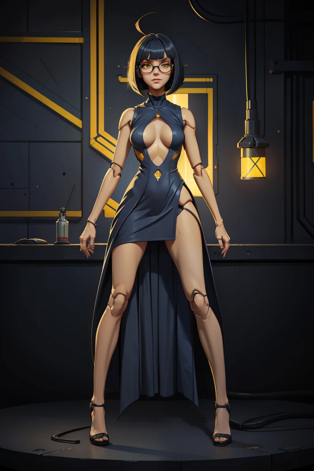 very young slim fit girl, full height, (disheveled bob cut:1.3), (dark blue hair:1.2), (very short hair:1.2), (big yellow eyes:1.3), shy smile, perfect medium breast, look at you, (ahoge:1.4), (megane:1.3), very long tight dress with slit, sexy dress, very long fit leg, narrow hips, simple background, doll joints, android girl, mechanical joints, wires and servos in joints, small neon sensors on body, undersized clothes, skin resembles flesh-colored plastic