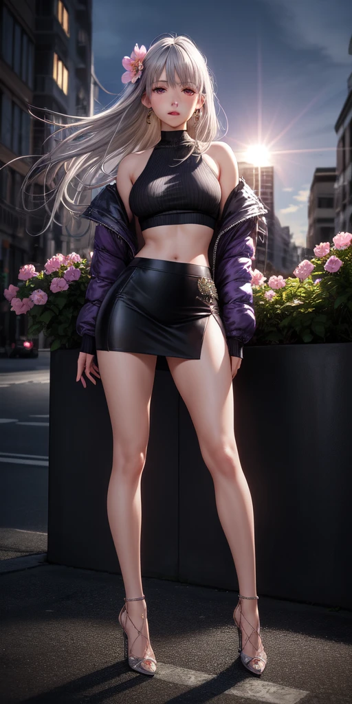 realistic, 1 girl, gray hair, purple eyes, shining eyes, crop top, skirt, parted lips, blush, night, flowers, sun, sunlight,whole body,high heels