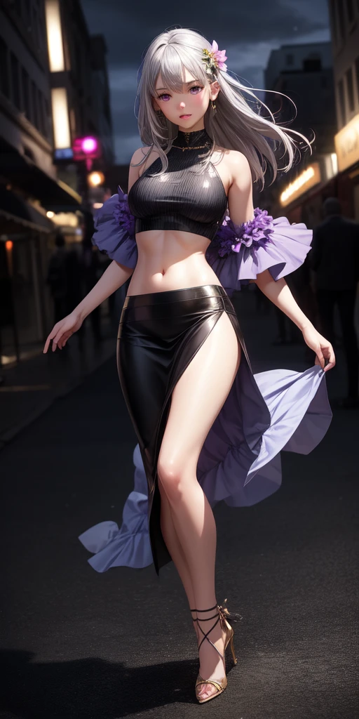 realistic, 1 girl, gray hair, purple eyes, shining eyes, crop top, skirt, parted lips, blush, night, flowers, sun, sunlight,whole body,high heels