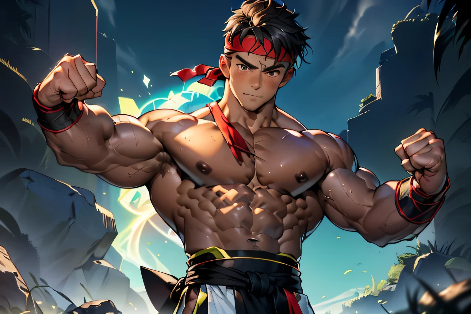 (Masterpiece, Best quality 19 year old boy, simple background, cowboy shot), solo, Young, boy, muscler, Shirtless, topless, (Dark Short straight hair, under cut, brown eyes), (red headband, ((black wristband, weist sash))), Vivid colors, (hot Abs:1.2, abs!, big abs, big :1.2, chest!, muscler upper arms, mighty fist), (topless male), closed mouth, serious, muscler!, muscler body, Man with martial arts stance, (aura power:1.4), detailed face, detailed muscle, (((A magical turquoise mystical aura graces his upper body, random fighting pose, aggressive, powerful, action, rippling muscles)))