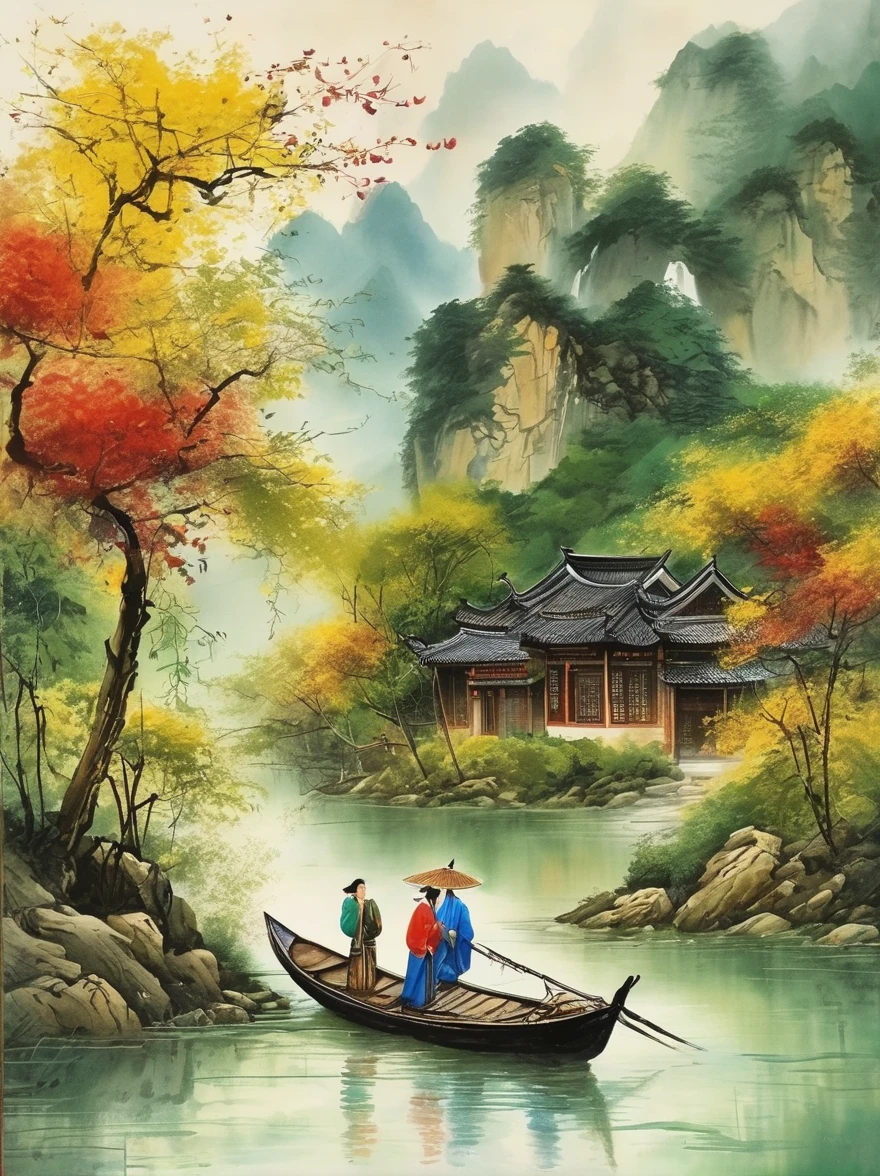 Qiman.com, a river,There is a boat in the water,There is an island on a mountain, ink painting, Chinese style,