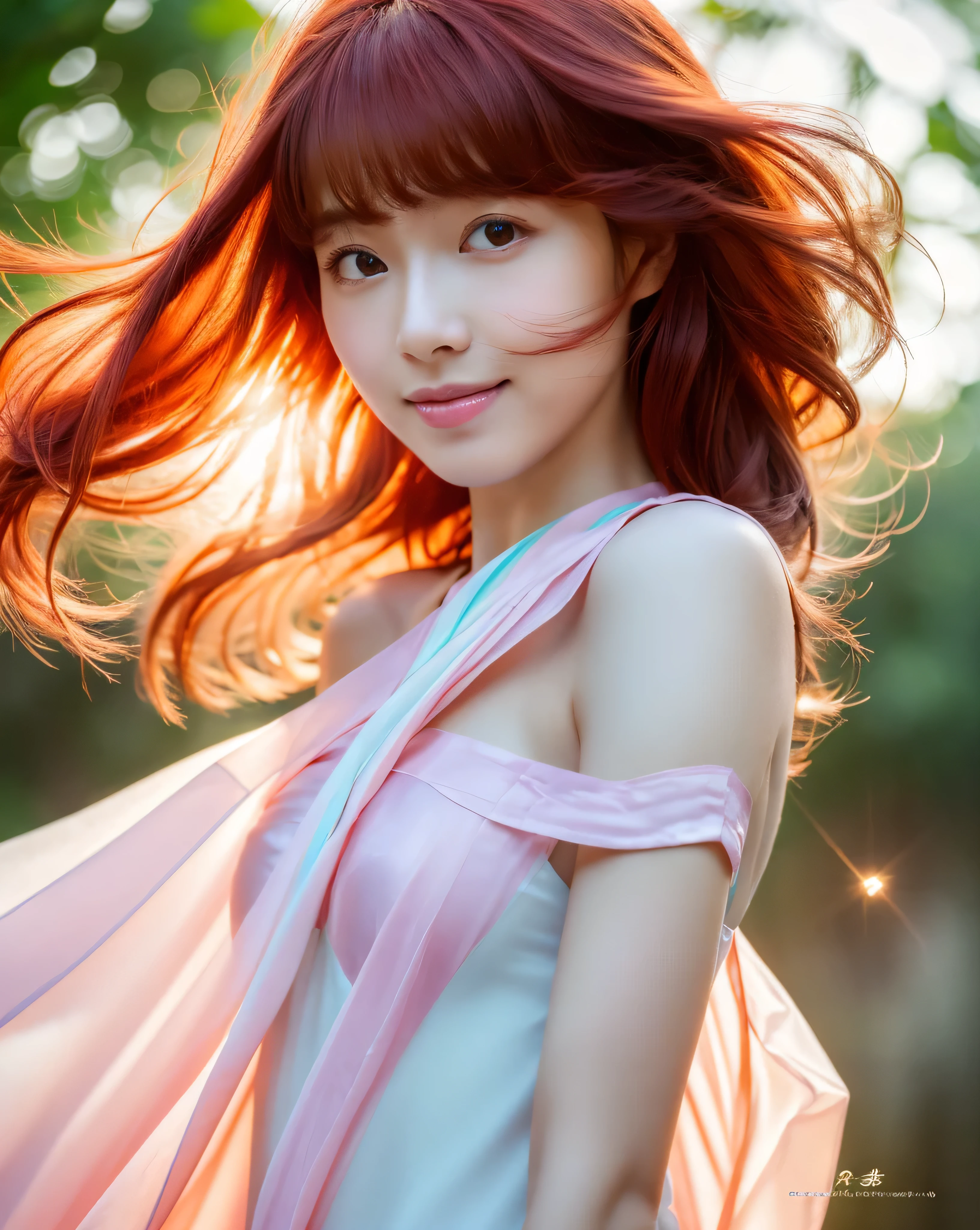 (highest quality, 32k, High resolution, masterpiece:1.5,), Haunting fantasy photography in abstract style, ((In a swirl of fantastic pastel colors and soft light)), Evoking a sense of soothing tranquility and elusive beauty, Award-winning masterpiece with amazing details, cute japanese woman, ((whole body)), perfect human anatomy, big magical eyes, Profile looking up at the sky, fleeting smile, ((shiny and detailed red hair)), Long straight hair tousled by the wind, Beautiful asymmetrical bangs, hair between eyes, smooth and soft skin, thin eyebrows, clear double eyelids, pale pink lips, ((Wrap your body in a transparent silk cloth)), High resolution perfect clavicle, Beautiful chest in high resolution, High resolution of perfectly beautiful armpits, Slender body with plump breasts, ((Colorful sparkling light effects:1.3)), mysterious forest, Bright flowers blooming all over々:1.3, beautiful waterfall, beautiful rainbow over the waterfall, professional lighting, professional photographer, Professional models,mysterious