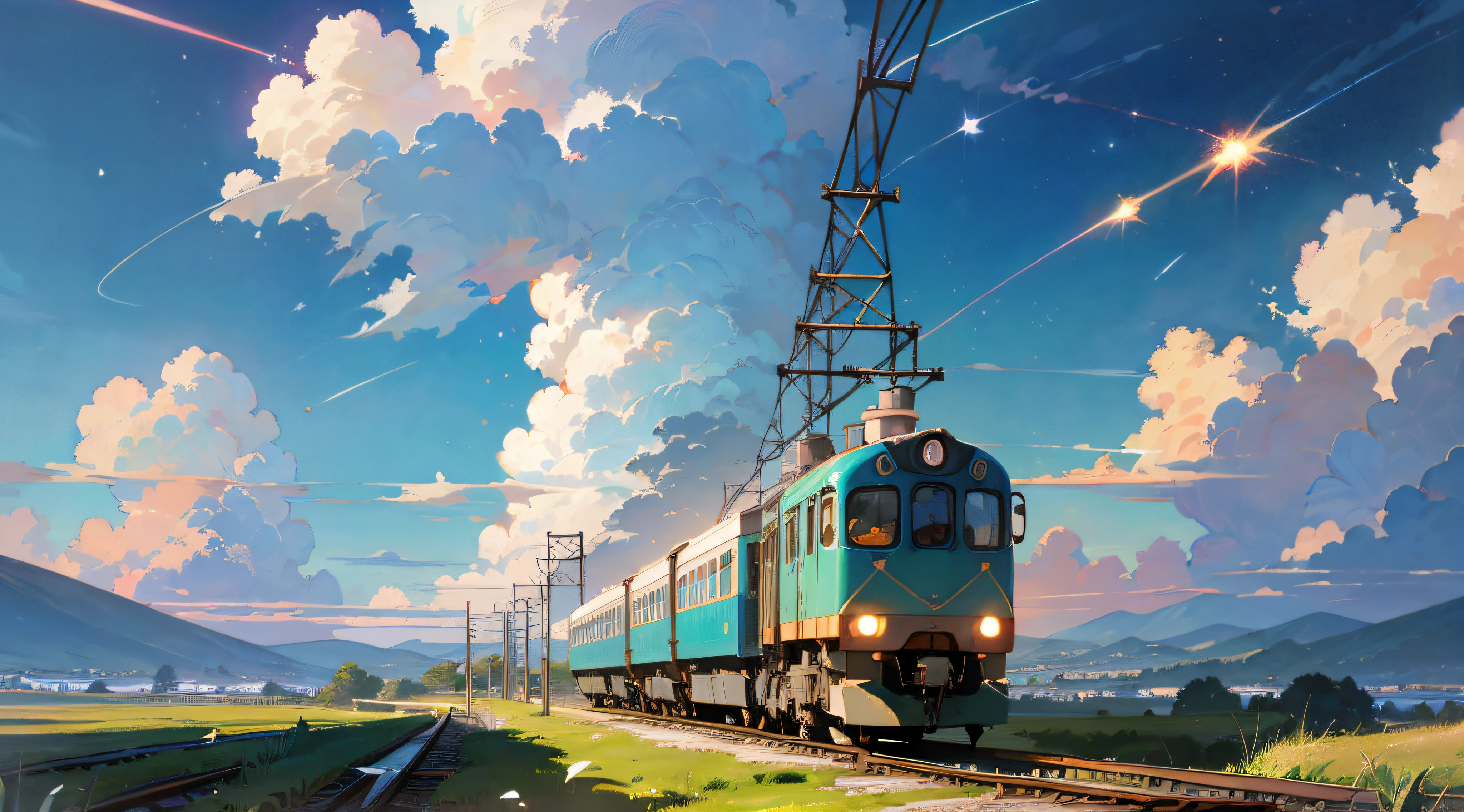 Cartoon scene of a train running under a blue-green sky，Makoto Shinkai&#39;s painting style，Trending on pixiv，magic realism，beautiful anime scene，universe sky，Fantastic background painting。