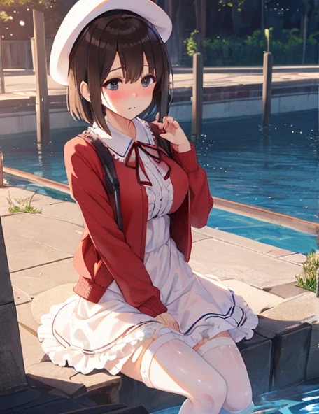 (masterpiece:1.6, highest quality), (fine and beautiful eyes: 1.2), PhD_Kato, Katouhdlong, alone, brown hair, have, upper limbs, short hair, brown eyes, hat has been removed, dress, white stockings, White dress, frills太もも, bangs, open your mouth, frills, red jacket, zettai ryouiki, holding, white hat, blush, panty shot, (Full body Esbian), (highest quality, 8K, Super detailed:1.2), (Lens flare, particles of light, shine), big breasts, NSFW, (embarrassing:1.2), (blush:1.2), (orgasm:1.2), open your mouth, nipple, (shout:1.2), (Wet:1.2), heavy breathing, vagina,sex, ((raise your legs)), testis, penis, sex, sit, High resolution, Very detailed CG, official art, clothes sex, sex, vaginal penis, embarrassing,