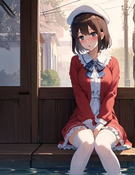 (masterpiece:1.6, highest quality), (fine and beautiful eyes: 1.2), PhD_Kato, Katouhdlong, alone, brown hair, have, upper limbs, short hair, brown eyes, hat has been removed, dress, white stockings, White dress, frills太もも, bangs, open your mouth, frills, red jacket, zettai ryouiki, holding, white hat, blush, panty shot, (Full body Esbian), (highest quality, 8K, Super detailed:1.2), (Lens flare, particles of light, shine), big breasts, NSFW, (embarrassing:1.2), (blush:1.2), (orgasm:1.2), open your mouth, nipple, (shout:1.2), (Wet:1.2), heavy breathing, vagina,sex, ((raise your legs)), testis, penis, sex, sit, High resolution, Very detailed CG, official art, clothes sex, sex, vaginal penis, embarrassing,