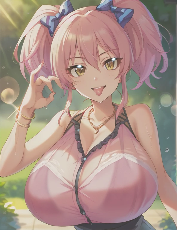cinematic photo,
score_9, score_8_up, score_7_up, source_anime,rating_questionable,vivid colors,
pinup of 1girl, solo, joyful, smile, put out tongue, boutique, (one hand fellatio gesture:1.2),another hand grabbing own breast, day, blue sky, sunlight, looking at viewer,
jgskmk, pink hair, long hair, twintails, sidelocks, hair between eyes, hair bow, yellow eyes, eyelashes, gigantic breasts,
pink shirt,impossible clothes, wet,see-through,bare shoulders, frills, lace trim, collarbone, pencil skirt, miniskirt, side slit, sandals, jewelry, necklace, bracelet,
,
35mm photograph, film, bokeh, professional, 4k, highly detailed,