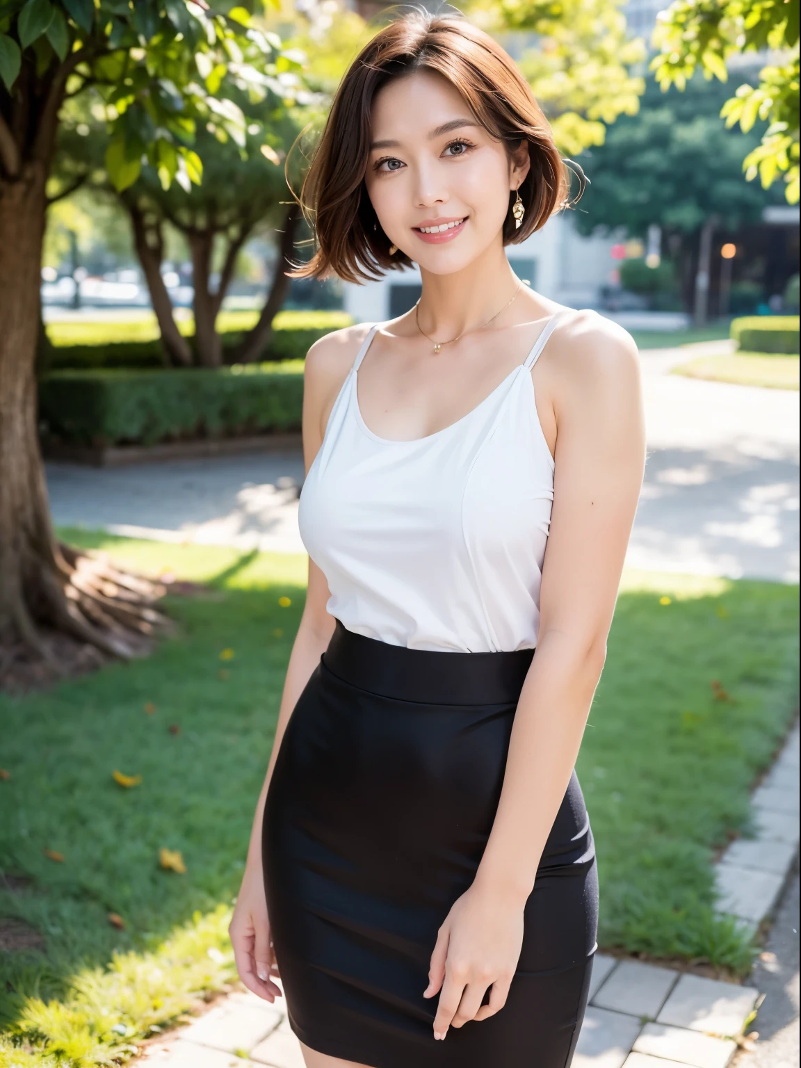 (Raw photo:1.2), (realistic:1.4),beautiful detailed woman,非常にfine eyesと顔, fine eyes, Super detailed,High resolution, very detailed,highest quality,enlightenment,unified,8k wallpaper,masterpiece,highest quality,1 female,alone,rich,Full body Esbian,(Standard body shape),fleshy legs,(C cup breasts)、alone,(knit dress),(pencil skirt),jewelry, necklace ,short hair,gentle smile,dignified atmosphere,black eye,realistic,Hibiya Park , (morning park:1.1),(stand upright:1.4)