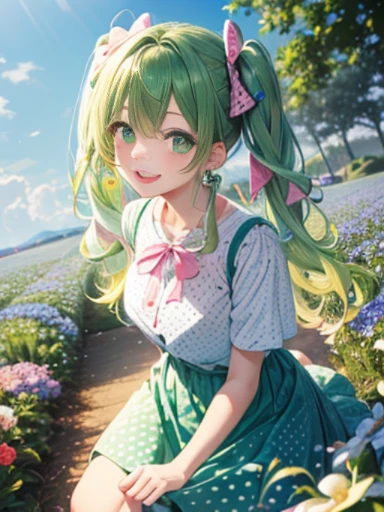 whole body、Highest quality、Highest quality、(Small girl with big breasts)、Cute hairstyle、Colorful hair color、Lots of lace and ribbons、Cute Checkered Pleated Micro Mini Skirt、White tights、((garden))、(((Spread your legs、Zoom in:1.5)))、 ((Huge 、blush、White panties are visible、Panty shot))、((Extend your arms outside the frame))、