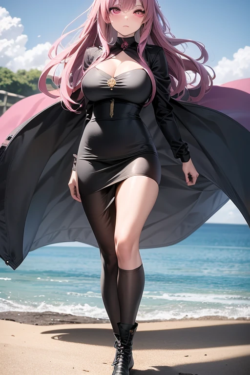 A pink haired woman with violet eyes with an hourglass figure in a Gothic sundress is walking on the beach