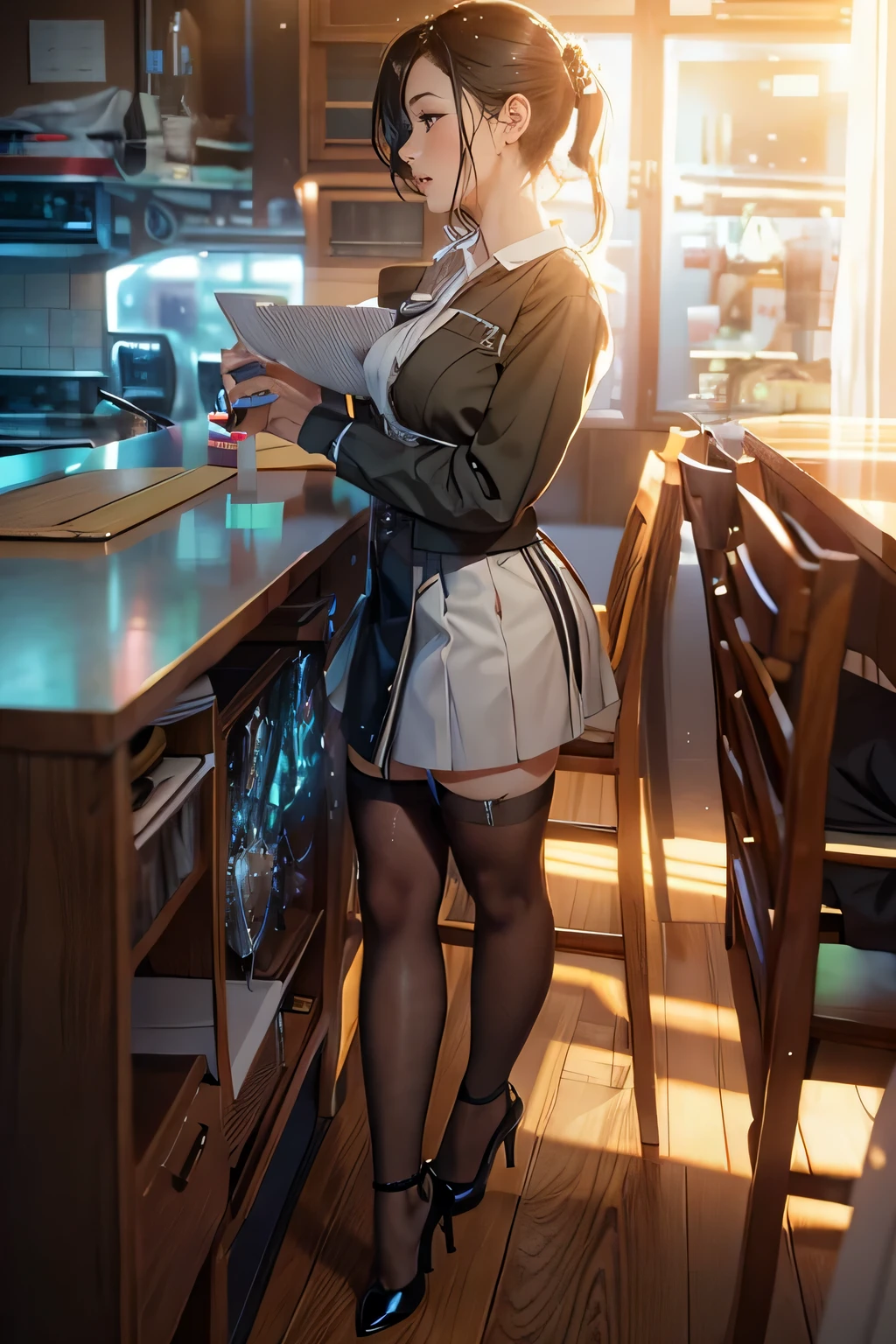 An office lady around 20 years old, (Elegant and well-proportioned body shape), (Fitted skirt), (high heels), (bob hair), (garter stocking with anklet), (spread your legs), wince,(orgasm:1.5),waiting for tongue,(Delicate and elegant light makeup), Delicate and beautiful fair skin, Detailed facial description with double beautiful eyes, Gentle eyes that shine with youth and innocence, Expressing the amazing beauty of youth, Adorable Japan Woman, A beautiful portrait that captures her enchanting charm. (8k, highest quality, masterpiece: 1.2), (Realistic and photorealistic: 1.37), (to office