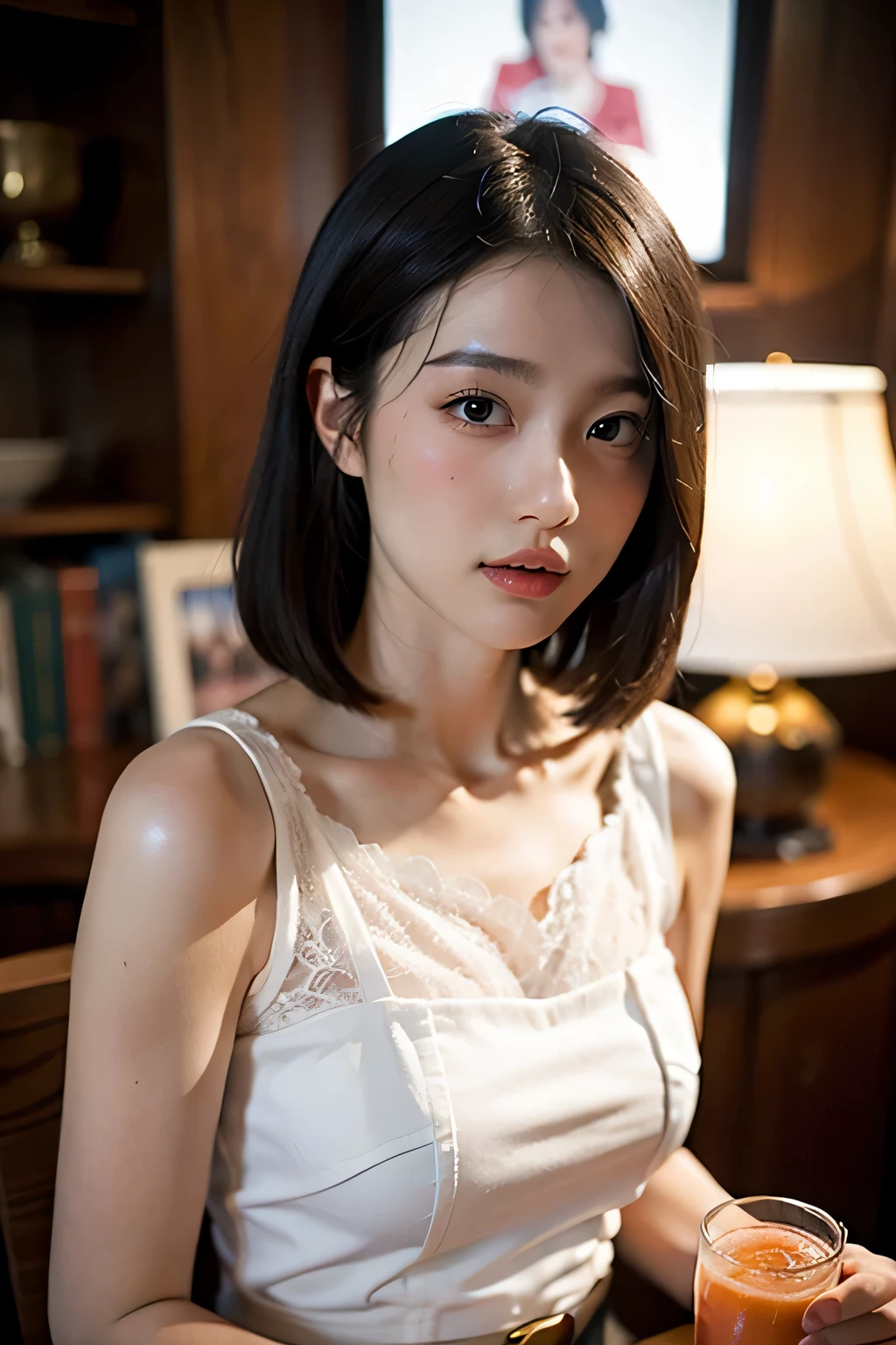 (actual),masterpiece,best quality,movie lighting,natural shadow,highest detail,Professional photography,Detailed background,depth of field,Crazy details,complex,aesthetic,Detailed face,subsurface scattering,looking at the audience,1 girl,whole body,faint smile,charming,20 years,French bob hair.ahog,(MD colorful),fit and flare lace dress,frills,Musical instrument, gourmet food, Delicious food, gourmet food experience, Refreshing drinks, international gourmet food, food culture