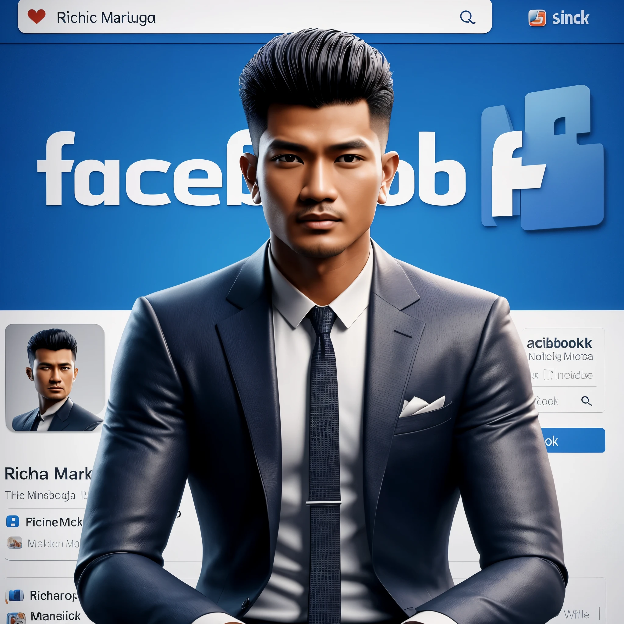 A 3D illustration showing a realistic stylish Indonesian man with haircut well dressed sitting like a boss on top of a social media logo, especially Facebook. The person should look like an Indonesian masculine superstar. The name 'Richie Marluga' should be spelled correctly located below his profile picture. The background of the image should showcase Facebook profile page with real data, the username is Richie Marluga. 4k, conceptual art, 3d render, painting,
