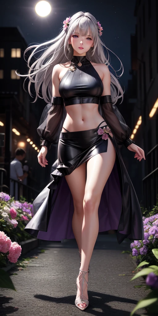 Realistic, 1girl, white hair, purple eyes, glowing eyes, cut top, skirt, parted lips, blush, night, flowers, sun, sunlight, female officer, transparent intimate clothes, black curly hair, pink high heels, crystal shoes, bags, large breasts, downboob, mesh clothes