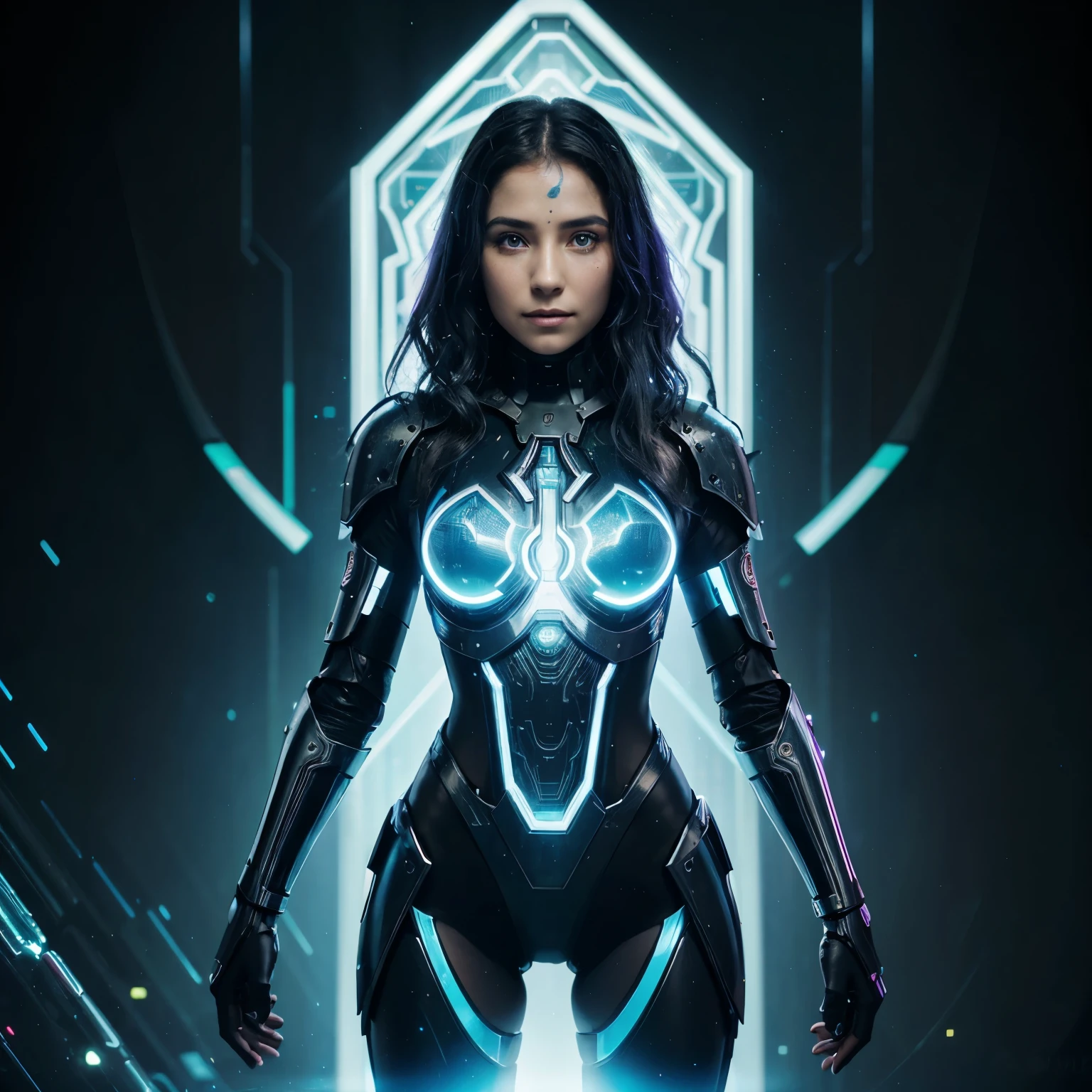 hologram of a female neotechnologist in a flowing cape of magical-fantasy-mechanical armor, Standing in a lush bio-utopia,BiofillTech,fcPortrait, detailed eyes, floating in space, Vibrant digital illustration, drip, quantum wave tracing, Black background, Behance HD