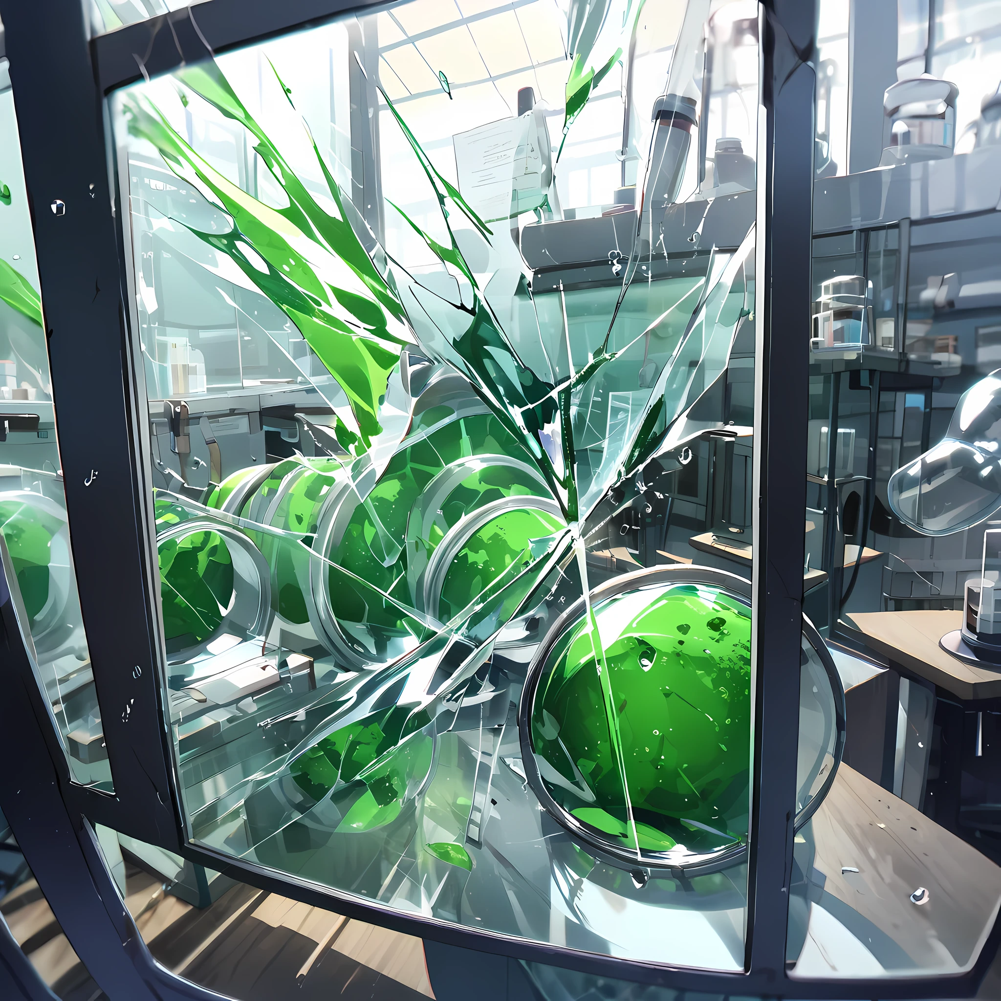 Close view of a poisonous chemical inside close glass, glass breaking, laboratory