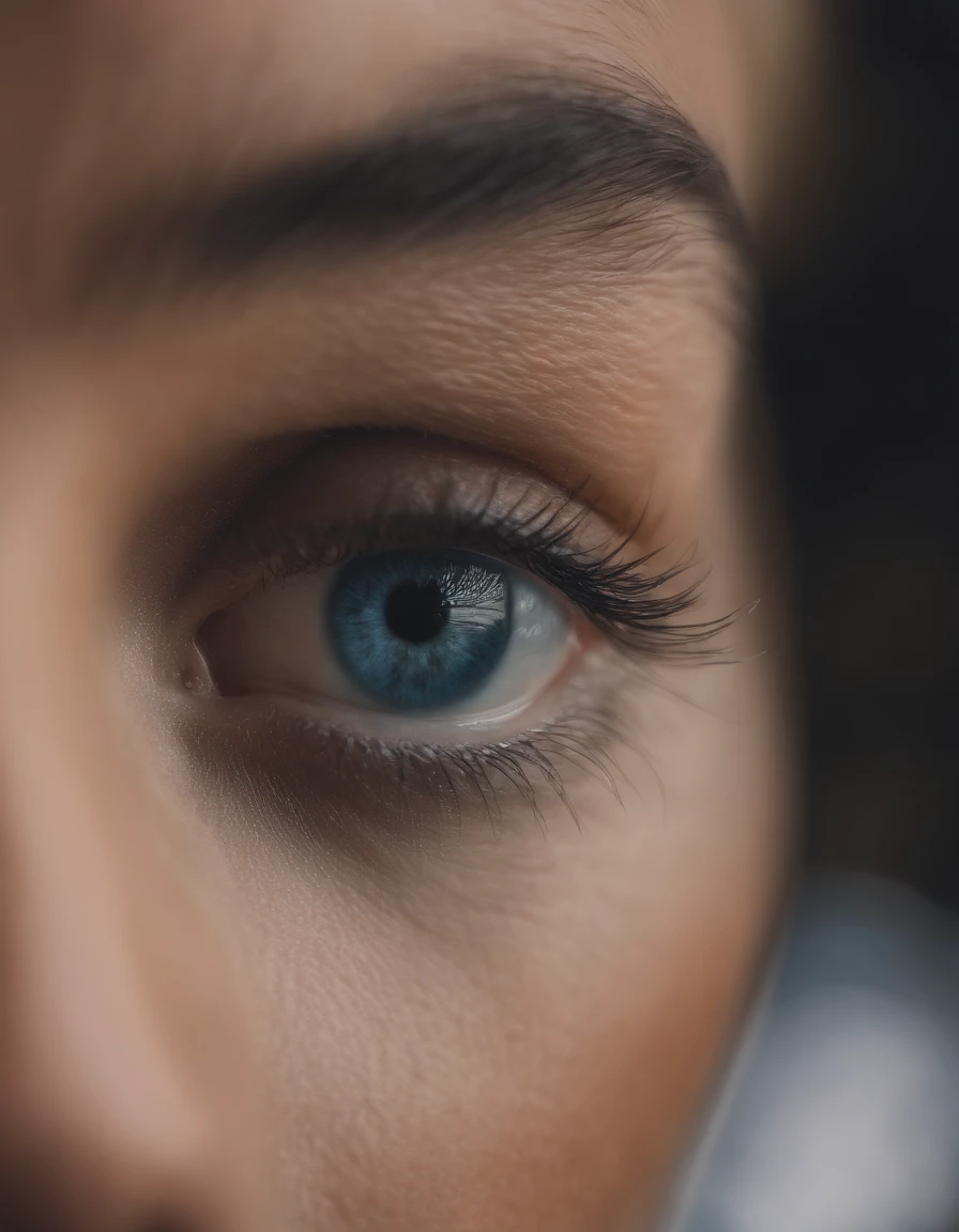 A stunning 8K photograph taken with a Canon R5, capturing a close-up of a light blue female human eye in sunlight. The eye shines an intense blue color, reflecting the warm sunlight that casts a glow. The focus on the eye creates a cinematic, realistic effect, while the surrounding area is filled with a soft depth of field, allowing the viewer to fully appreciate the beauty and detail of the subject., photography, cinematic, a close-up of a deep blue human eye in sunlight, realistic, photo, canon r5, 8k, UHD, cinematic, photo