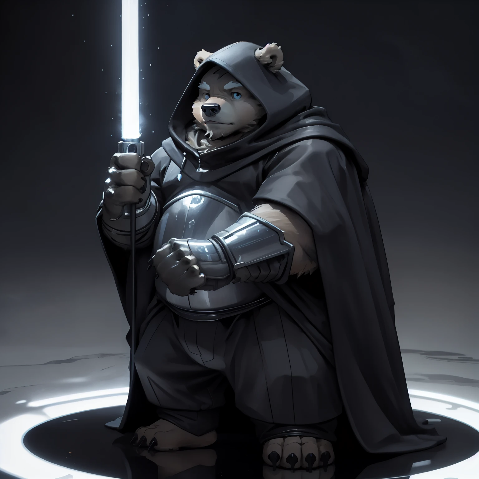 New Jersey 5 Hairy, Bear,Full body portrait of an individual, male,exquisite, chubby,thick arms,plush fur,front,stand,hood,metal breastplate,black robe,black cloak,black pants,metal gloves,Armed with a blue lightsaber,calm