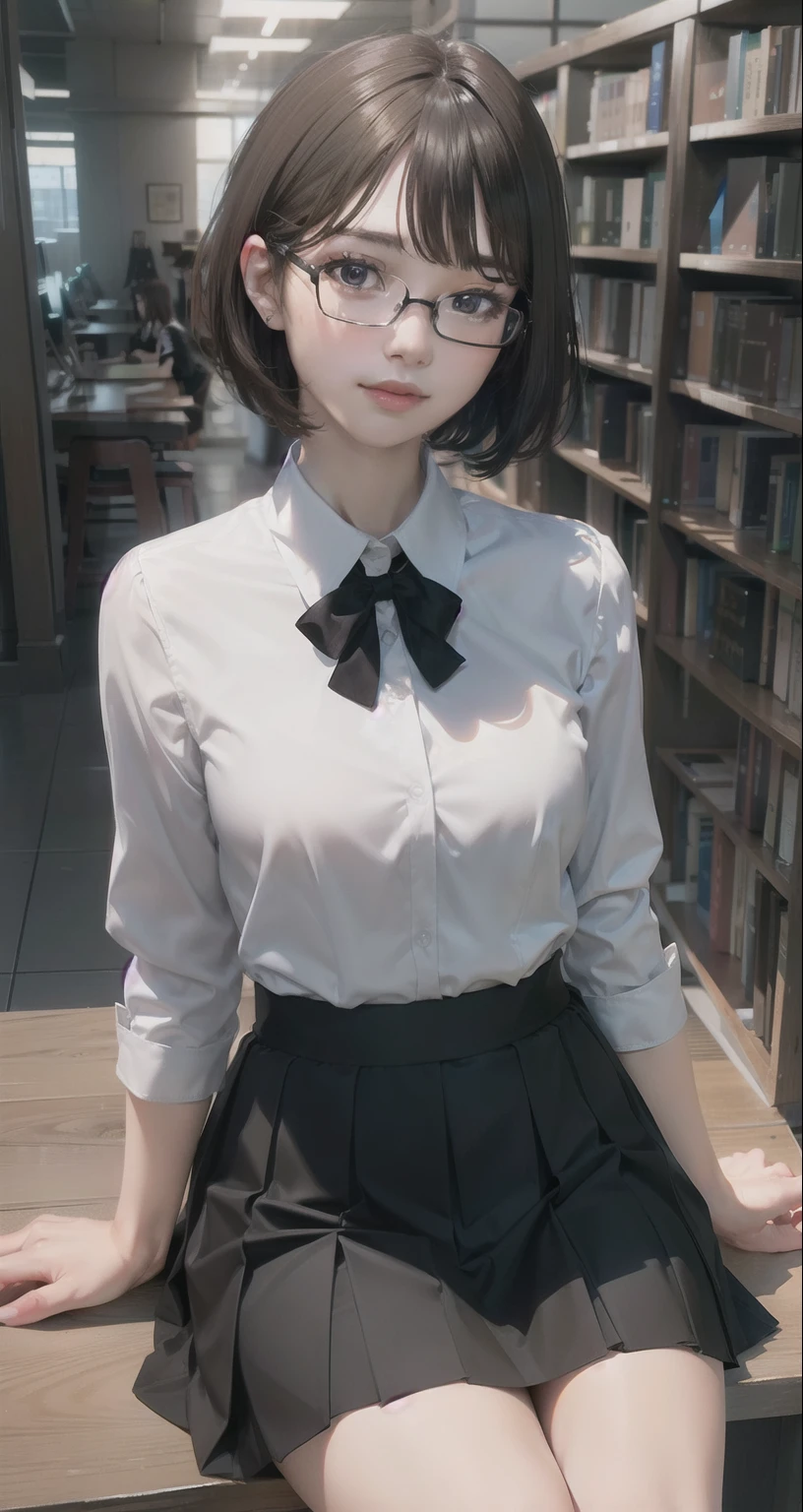 { masterpiece : best quality : detailed face : high resolution : detailed lips : unity 8k wallpaper : 3d realistic illustration } { Background = Library } { Teenager : dark brown Short  hair : : perfect slender body : perfectly small shape breast : glasses : : white collar shirt : school black skirt : sitting : studying}