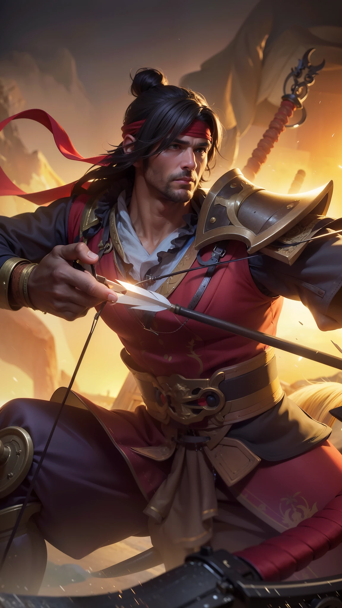man with a bow and hand holding arrows, 8k, ultra hd, ultra detailed texture, hyper realistic, masterpiece, detailed texture, detailed face, detailed skin, detailed lighting, (photorealistic:1.5), best quality, beautiful lighting, cinematic lighting, professional lighting, ultra highres, realistic, detailed hair, real hair, high quality, (realskin:1.5), extremely detailed, finely detail, ultra-detailed, red bandana.