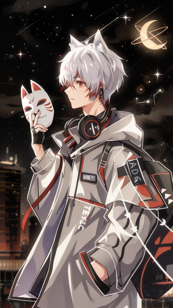 teenager with fox ears，silvery hair，Fox mask in hand，city night view，starry sky，meteor，The clothes have red decorations，Red pickaxe for dyeing hair